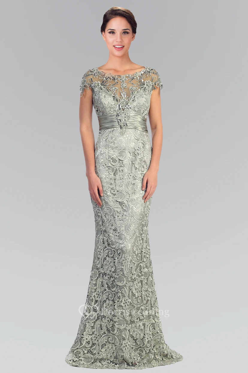 Sheath Long Bateau Short Sleeve Lace Dress With Sequins