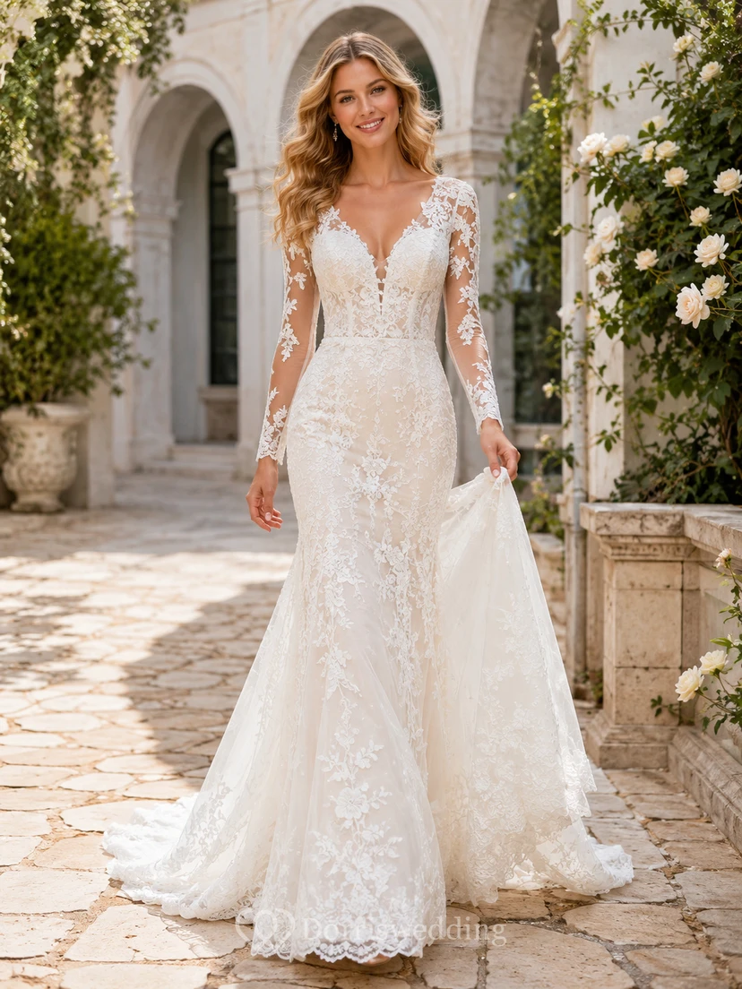Robe de mariée sirène flatteuse à décolleté plongeant en V et manches longues en dentelle illusion