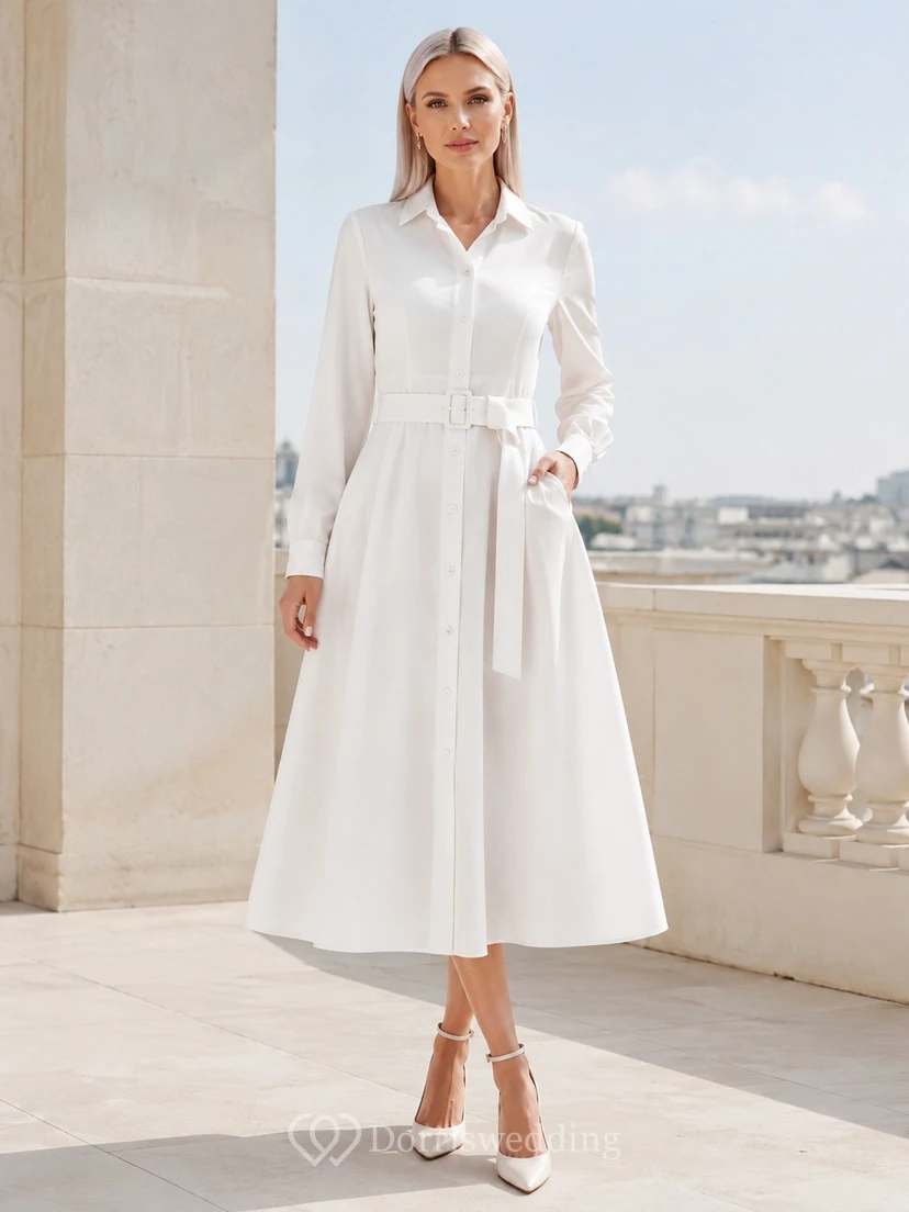 Vestido formal de corte A, largo midi, largo midi, de satén blanco, con escote en V, manga larga y fajín.