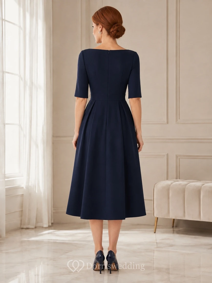 Dark Navy Modest Half Sleeve Bateau Satin Tea-Length A-Line Cocktail Guest Dress view 2