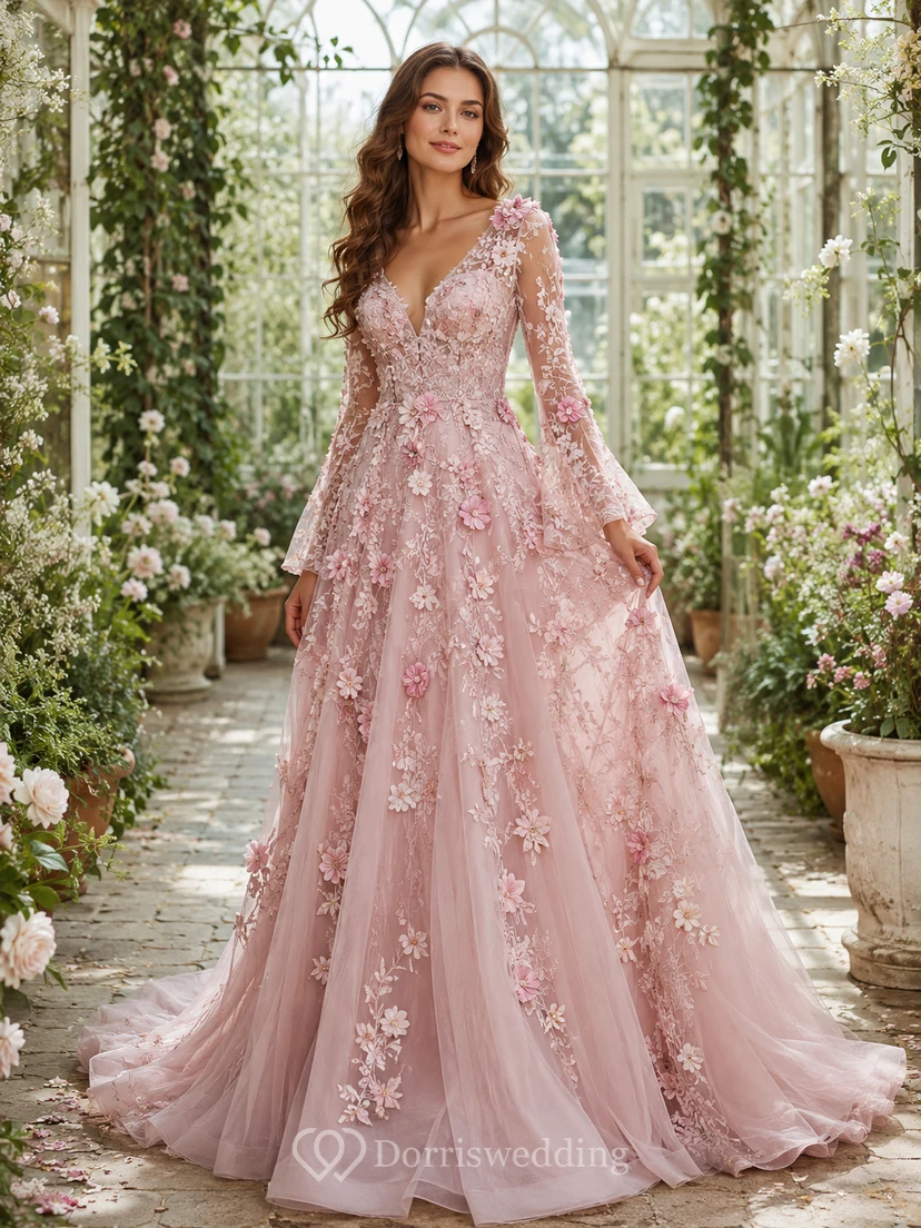 Blush Long Bell Sleeve 3D Floral Garden Bridal Gown