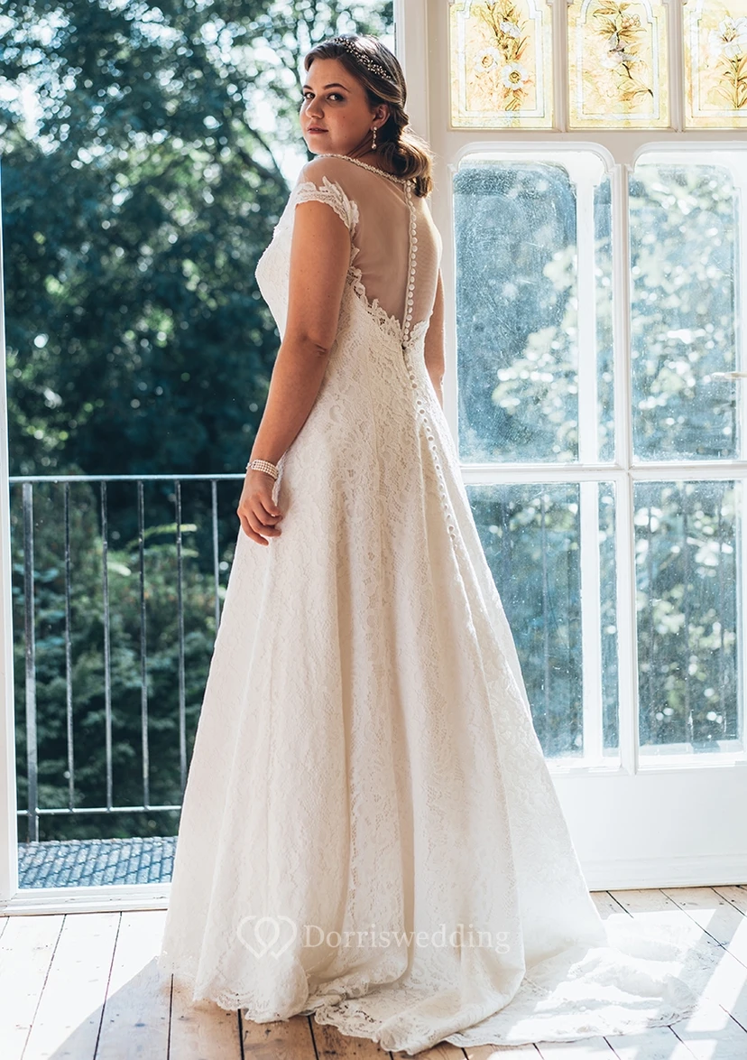 A-Line Floor-Length Bateau Neck Short Sleeve Lace Sweep Train Illusion  Dress view 3