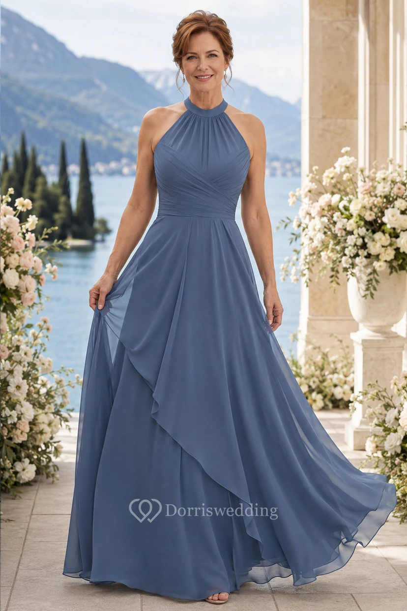 Schieferblaues Chiffon-Kleid in A-Linie mit Neckholder und Rüschenrock