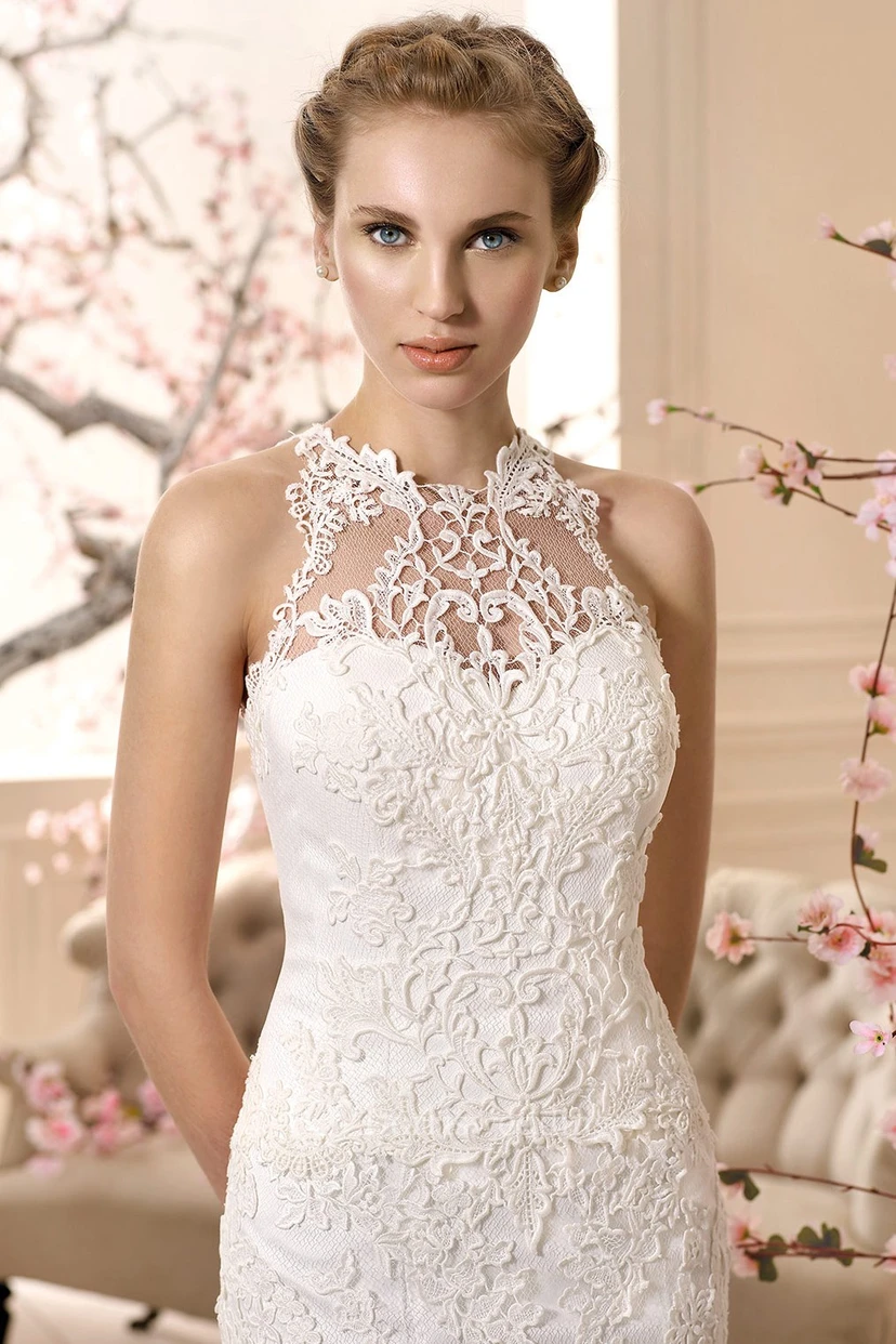 Sheath Sleeveless High-Neck Floor-Length Appliqued Lace Mermaid Wedding Dress view 3