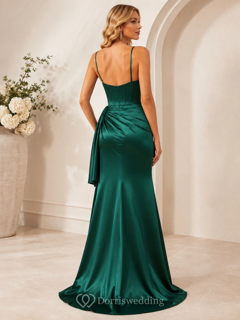 Emerald Flame Dark Green Mermaid Floor-Length Sweetheart Sleeveless Satin Sexy Prom Dress view 2