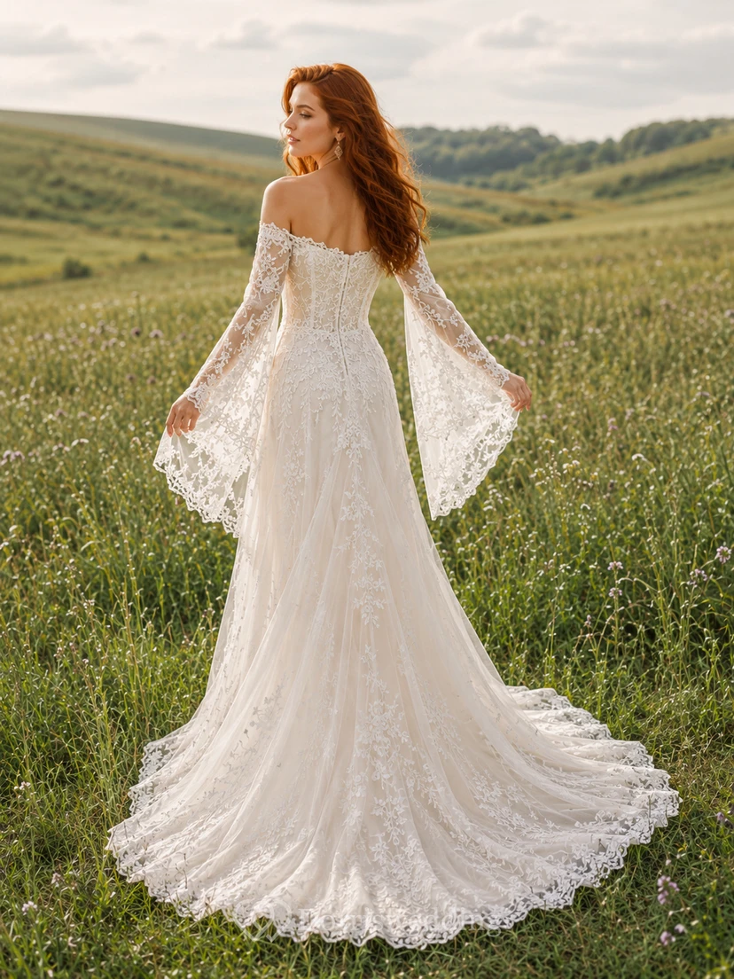 Bohemian Off-Shoulder Bell Sleeve Lace Prairie Chapel Wedding Bridal Gown view 2