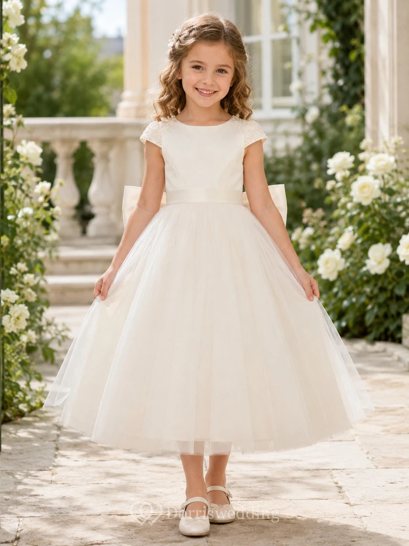 Klassisches A-Linien-Kleid aus Tüll für Blumenmädchen mit Rundhalsausschnitt, wadenlangem Rock und Schleifendetail