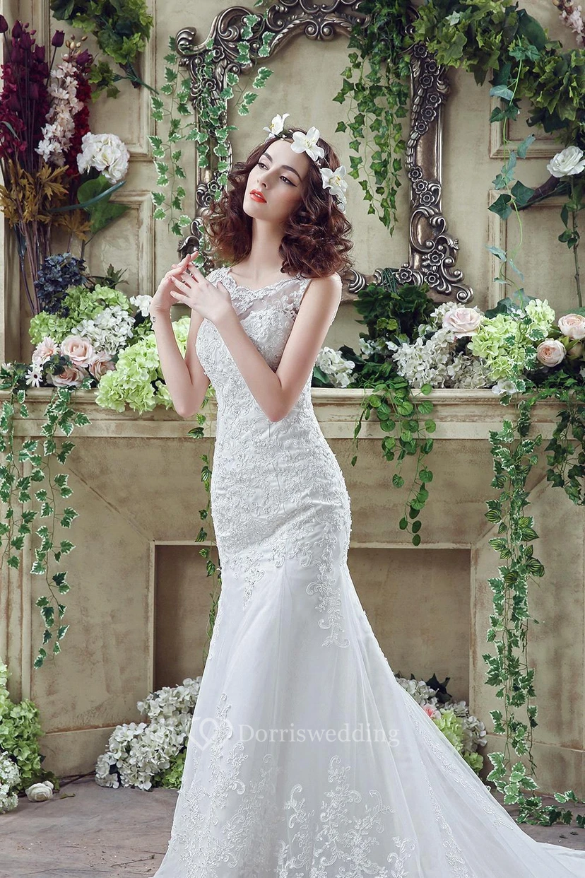 Timeless Mermaid Lace Wedding Dress Styles Zipper Button Back Sweep Train view 5