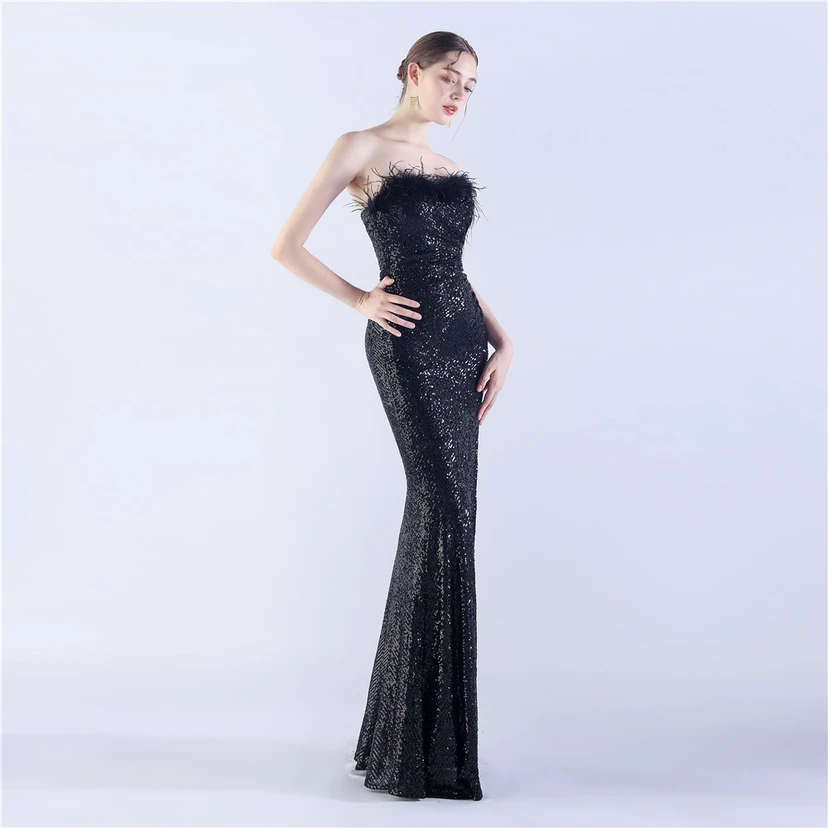 Ostrich Feather Plus Folding And Wrinkling Technology Host Dinner High-End Evening Dress view 5