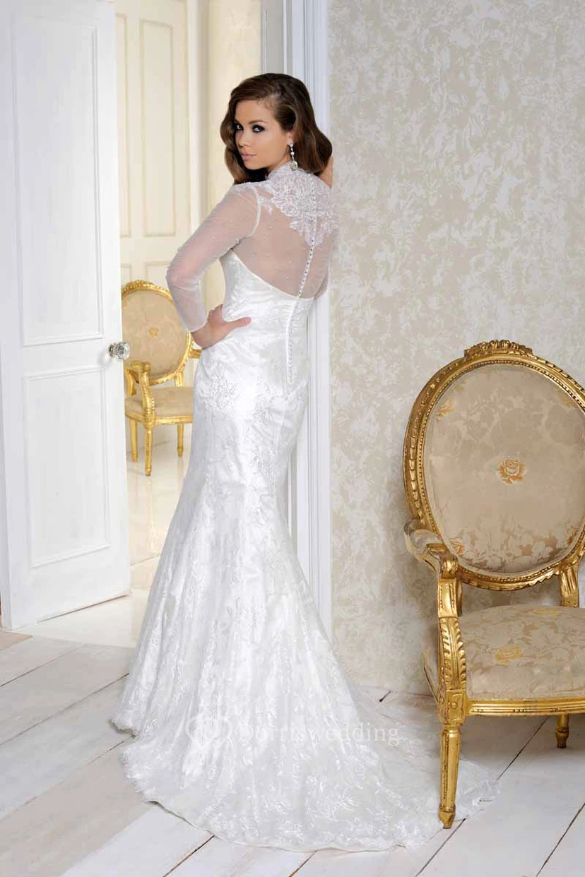 High Neck Floor-Length Appliqued Long-Sleeve Satin Wedding Dress view 2
