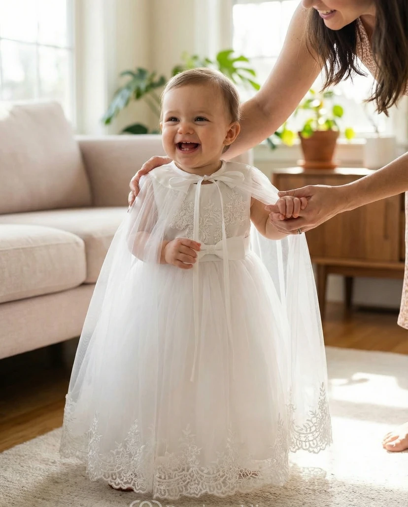 Christening White Baby Flower Girl Dress Cape Tulle Lace Ceremony Gown