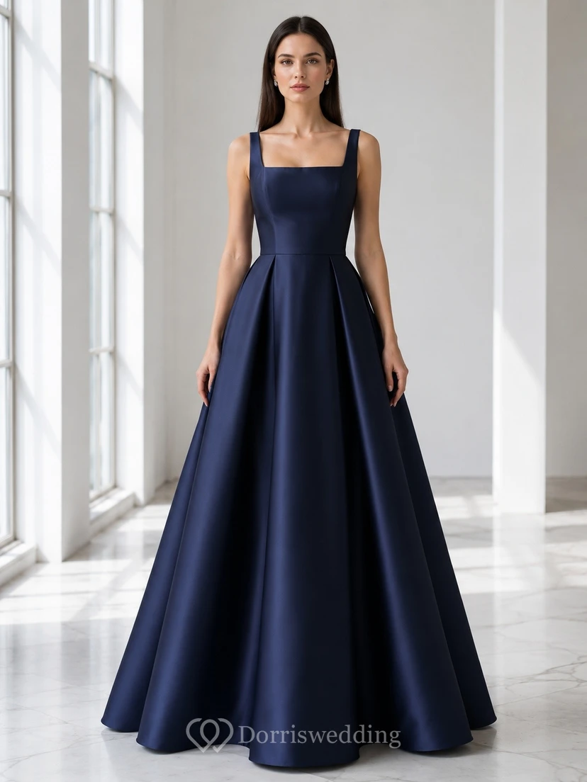 Vestido de gala sin mangas con tirantes y escote cuadrado de satén azul marino oscuro
