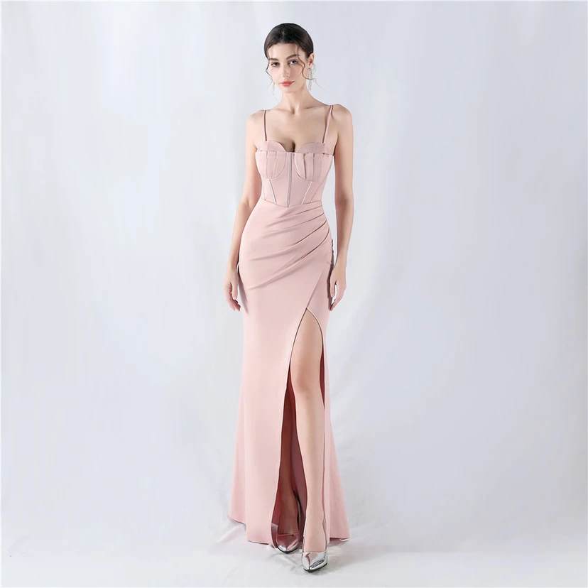 Fishbone Waist Strap Satin Host Meeting Evening Dress view 19