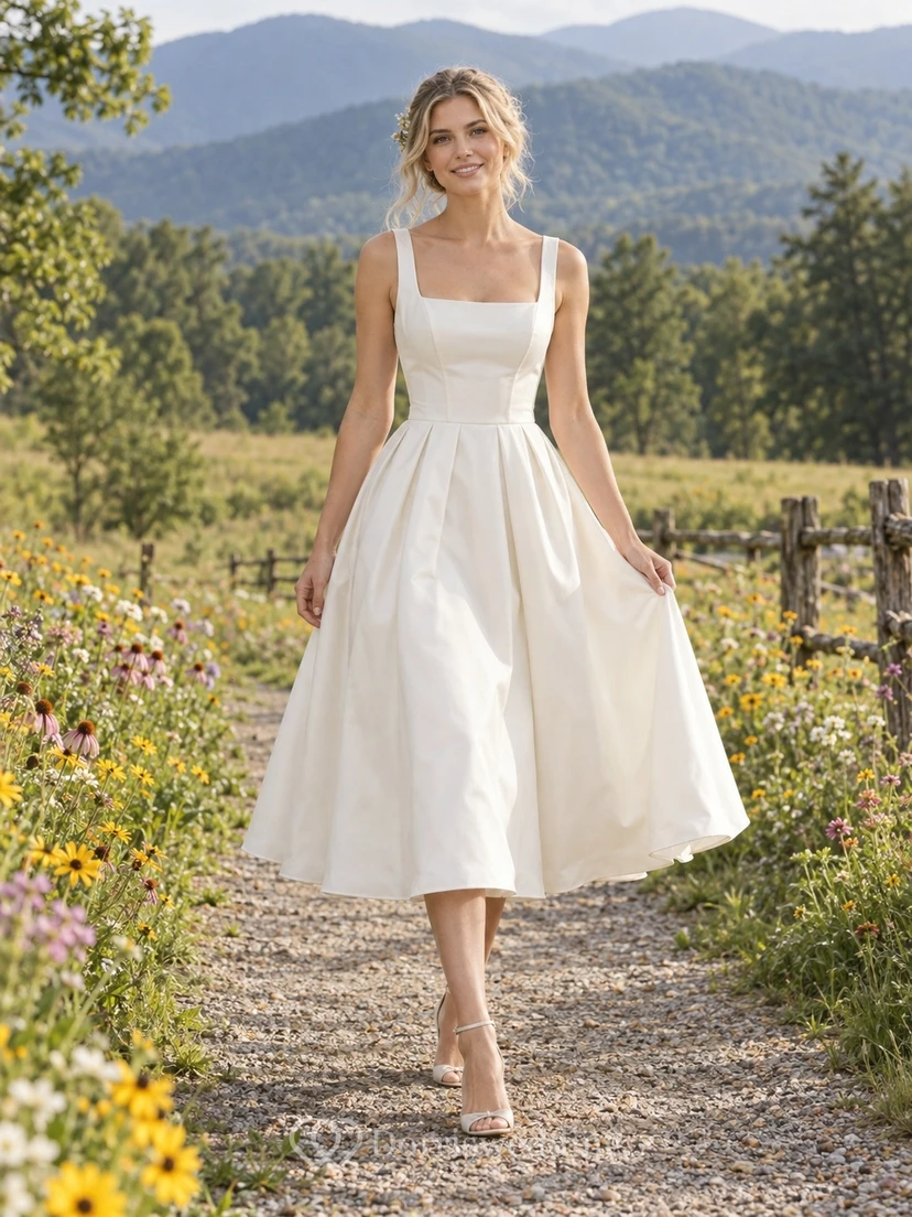 Simple Tea-Length Square Neck A-Line Sleeveless Pleated Woven Sateen Wedding Dress