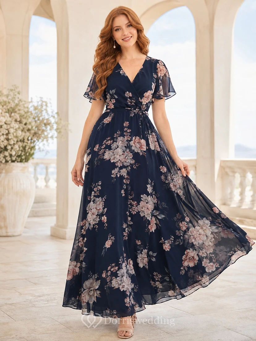 Navy Floral Chiffon Flutter Sleeve A-Line V-Neck Floor Length Garden Guest Dress