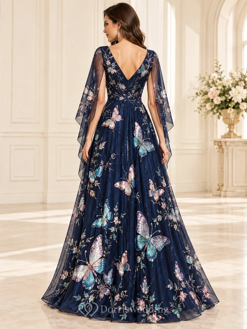 Abendkleid mit V-Ausschnitt, dunkelblauem Schmetterlings- und Blumenmuster view 2
