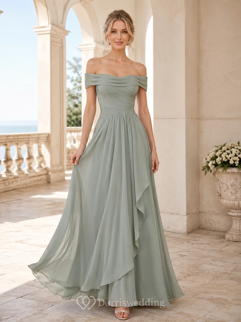 Sage Off Shoulder Chiffon A-Line Formal Dress