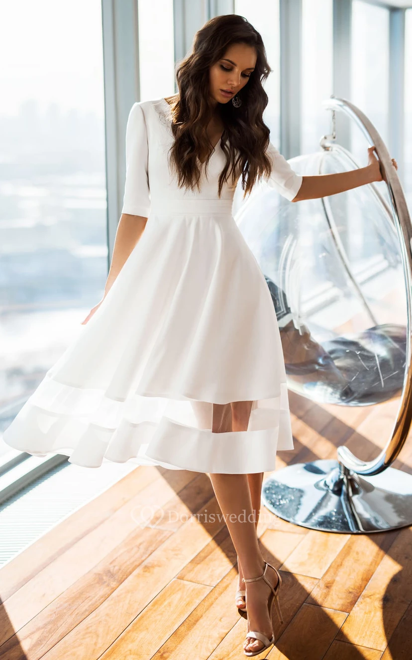 Simple V-neck A Line Satin Tea-length Wedding Dress view 3