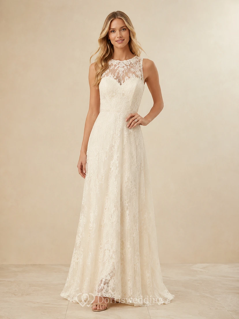 Robe de mariée Illusion Keepsake, coupe trapèze, longueur au sol, col montant, sans manches, en dentelle, style modeste