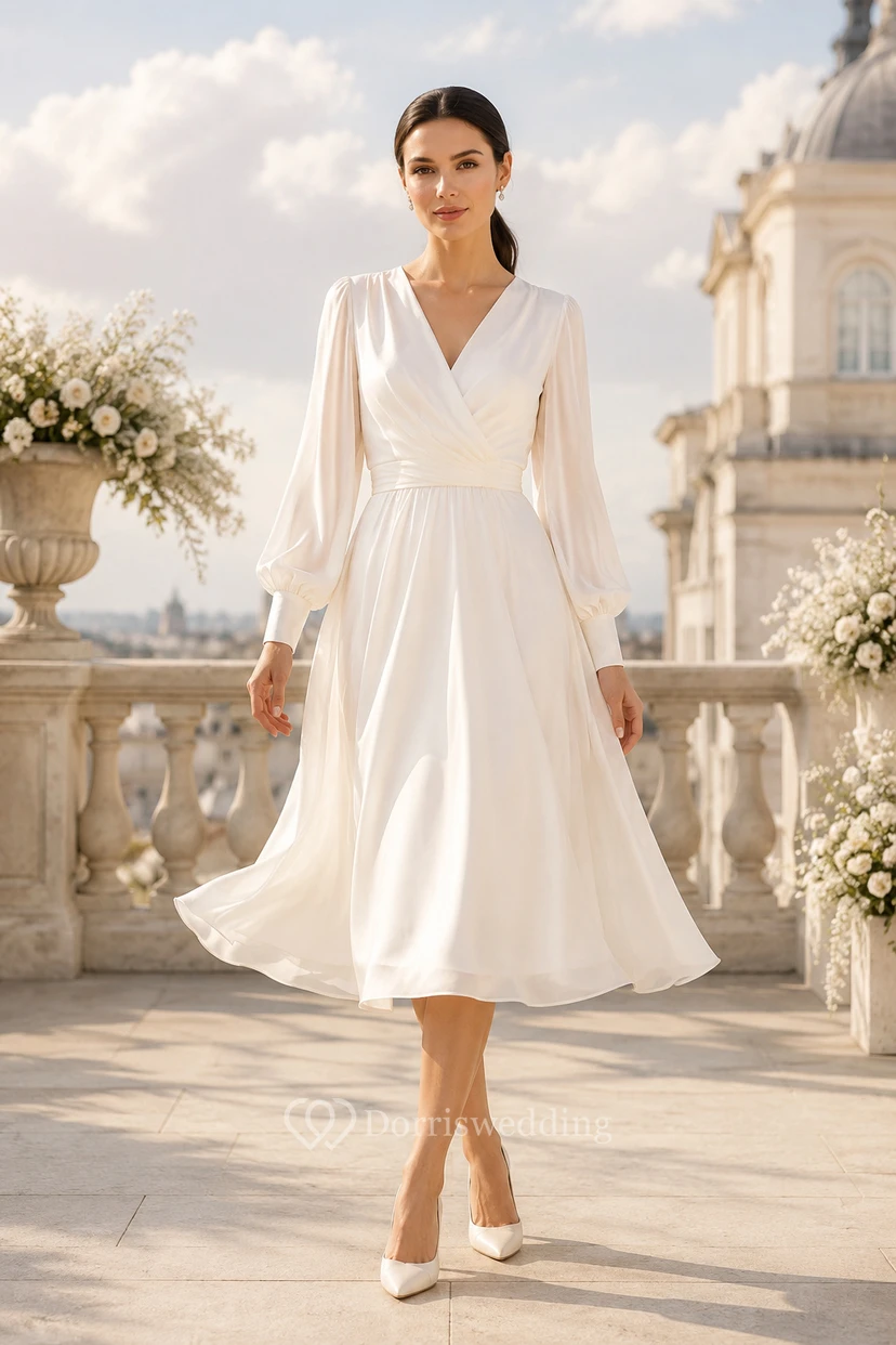 Robe de mariée mi-longue en mousseline à manches longues et col en V