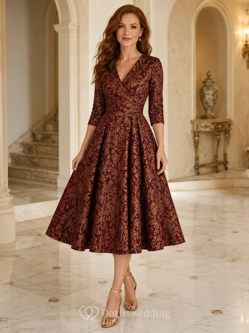 Burgunderfarbenes, formelles Kleid in Teelänge mit V-Ausschnitt, langen Ärmeln und Jacquardmuster.