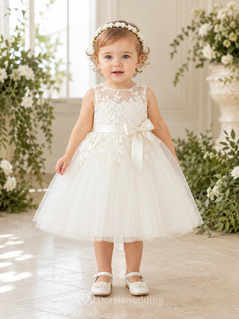 Vestido de niña de flores color marfil, largo midi, corte en A, encaje ilusión, botones en la espalda, lazo de tul en la cintura.
