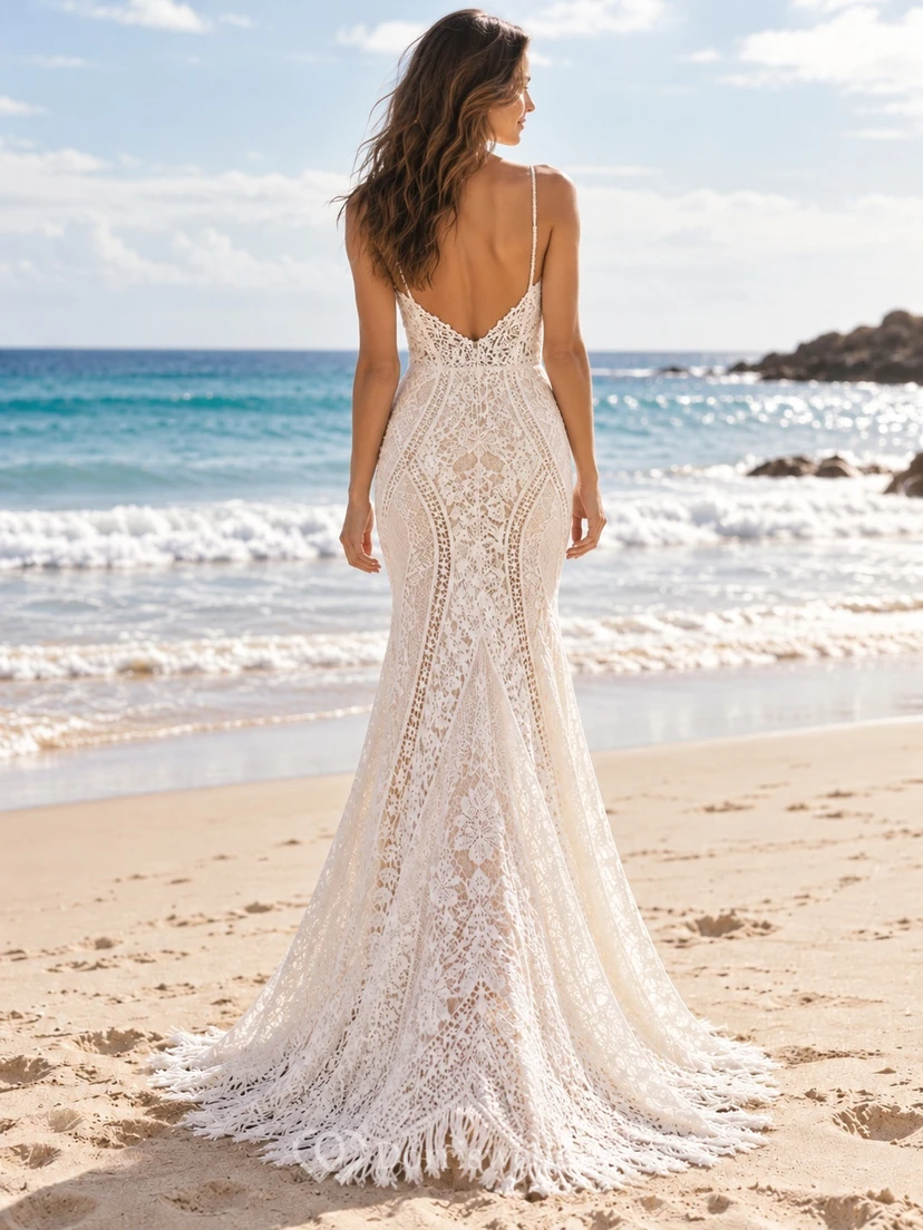 Boho Spaghetti Strap V-Neck Geometric Lace Fringe Wedding Dress view 2