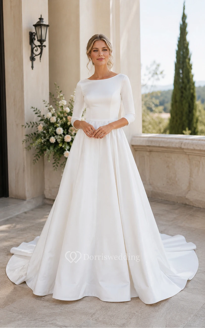 satin long sleeve a line wedding dress White Bateau A-Line with Open Back Boat neck Color:Beige Pearl Lace+Satin BELLA BARNETT Pink Sequin This unique puffy sleeve