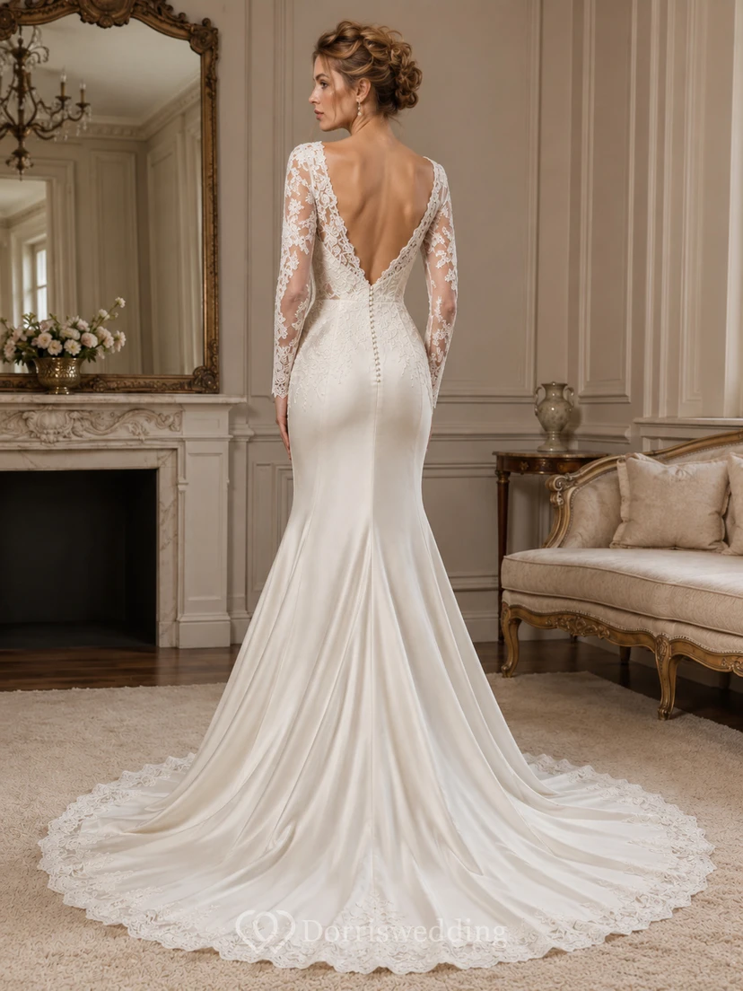 Robe de mariée sirène en satin poli et dentelle, col carré, manches longues, traîne chapelle, manches fleuries, idéale pour la réception. view 2