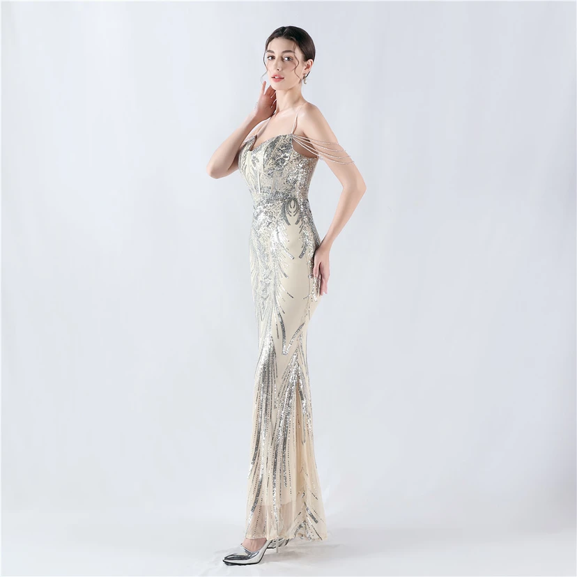 Waist-Reduced Fishbone Shaping Positioning Flower Sequined Anchor Sexy Beaded Suspender Evening Dress view 3