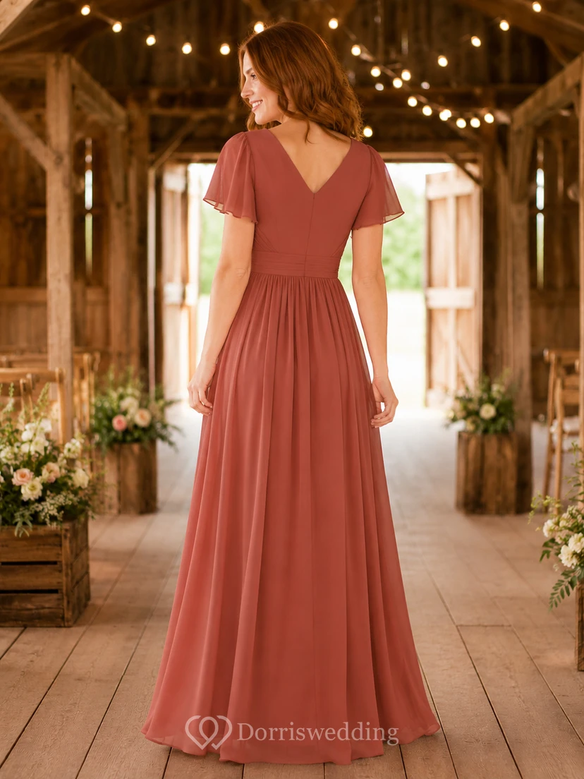 Terracotta Chiffon A-Line V-Neck Flutter Sleeve Pleated Low Back Floor-Length Bridesmaid Dress view 2