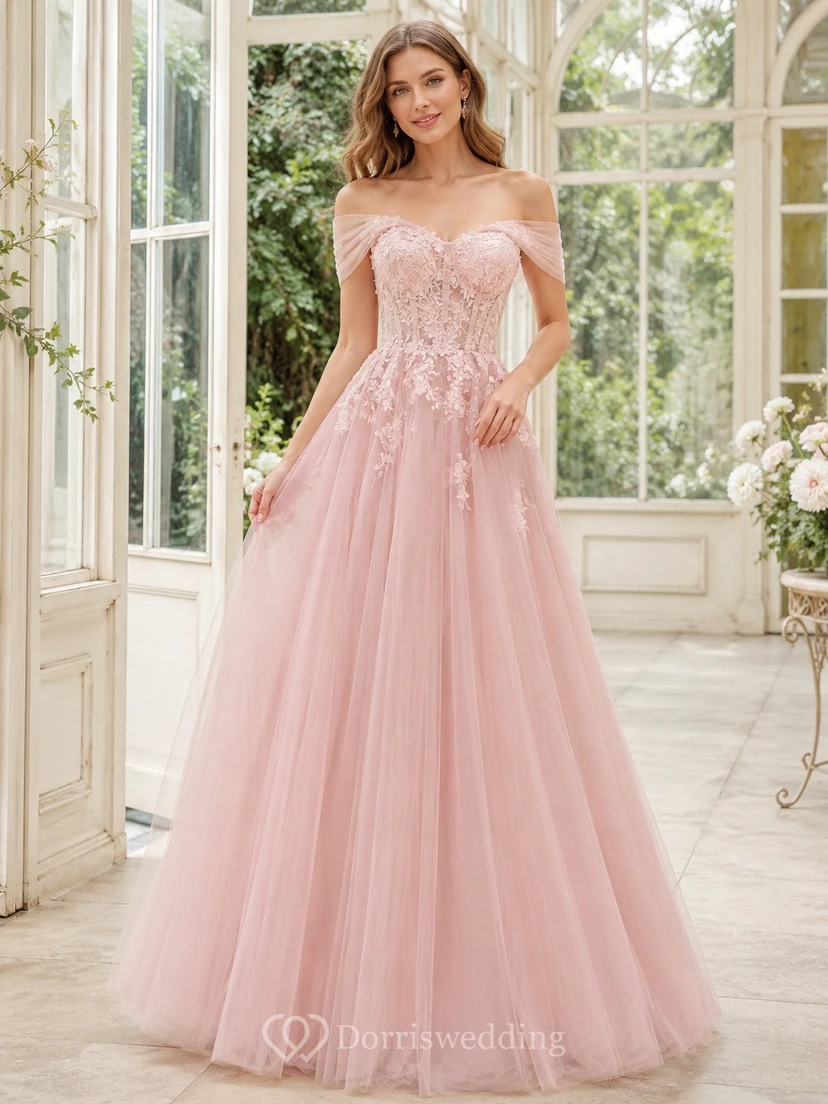 Vestido de noche de lujo largo hasta el suelo, sin mangas, de tul, color rosa empolvado con escote corazón.