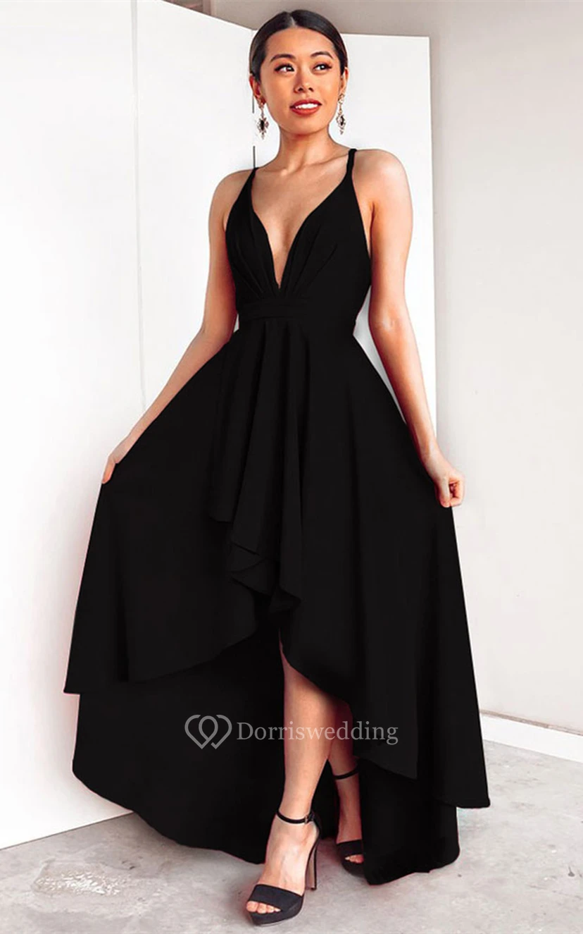 High-Low Sexy A Line Plunging Neck Evening Dress view 4