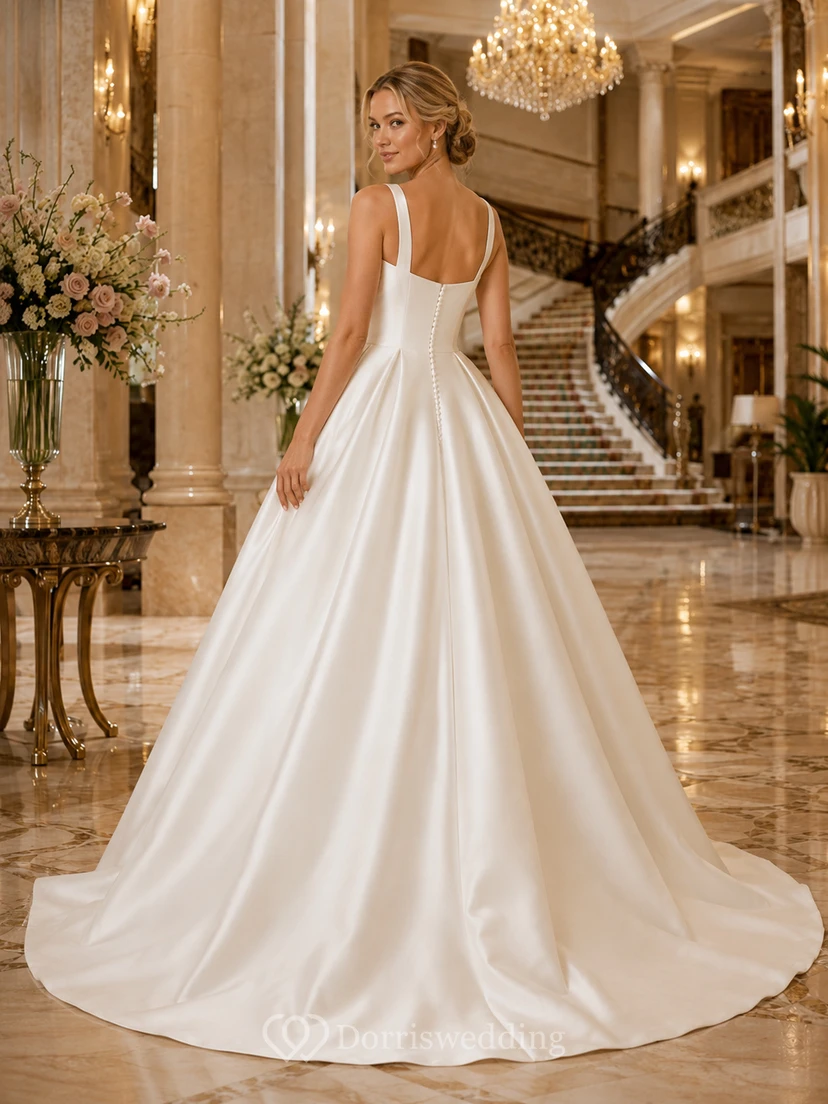 Robe de mariée de luxe en satin à col carré, style bal d'hôtel, robe de bal. view 2