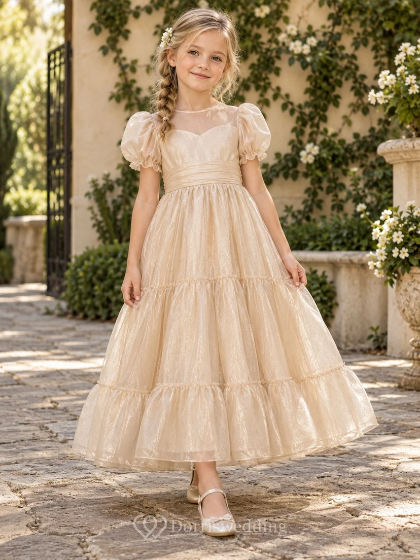 Champagne Illusion Neck Puff Sleeve Tiered Organza A-line Flower Girl Dress
