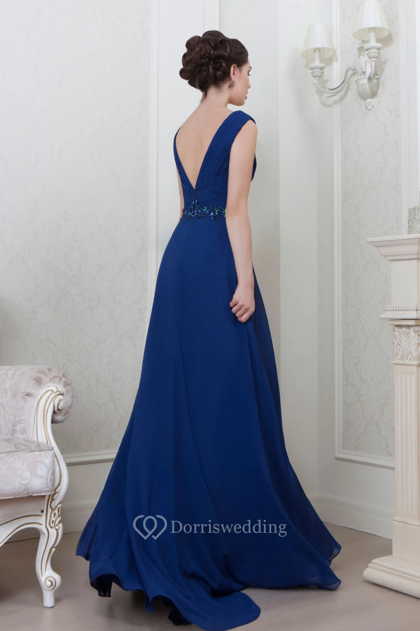 A-Line Sleeveless V-Neck Floor-Length Ruched Chiffon Evening Dress With Beading view 3