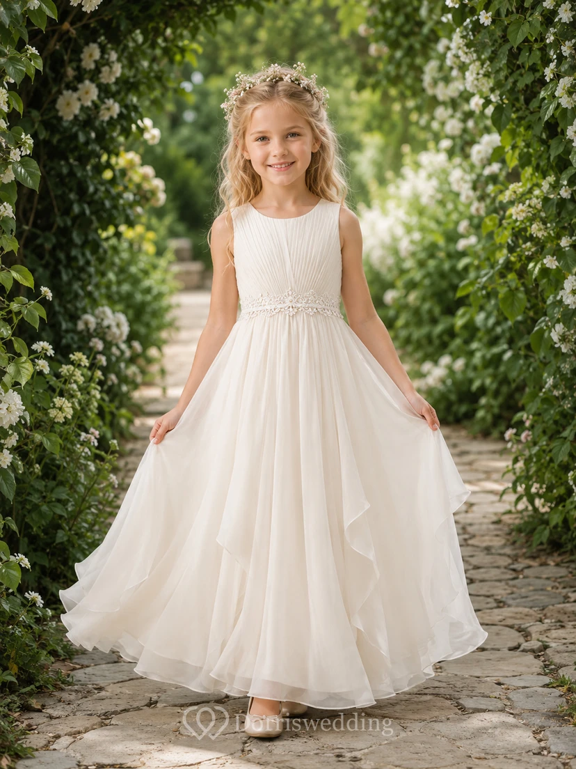 Blumenmädchenkleid aus elfenbeinfarbenem Tüll, A-Linie, Rundhalsausschnitt, bodenlang, mit Schärpendetails