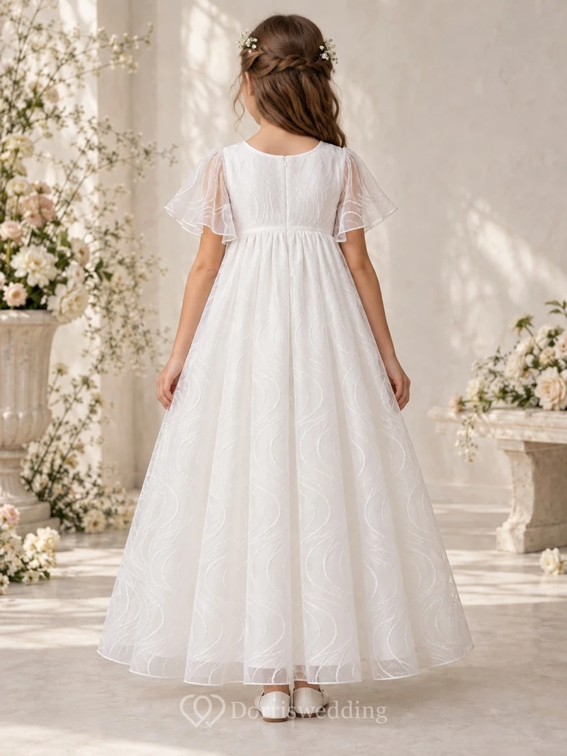 White Jewel Neck Flutter Sleeve Wave Embroidered Organza A-line Flower Girl Dress view 2