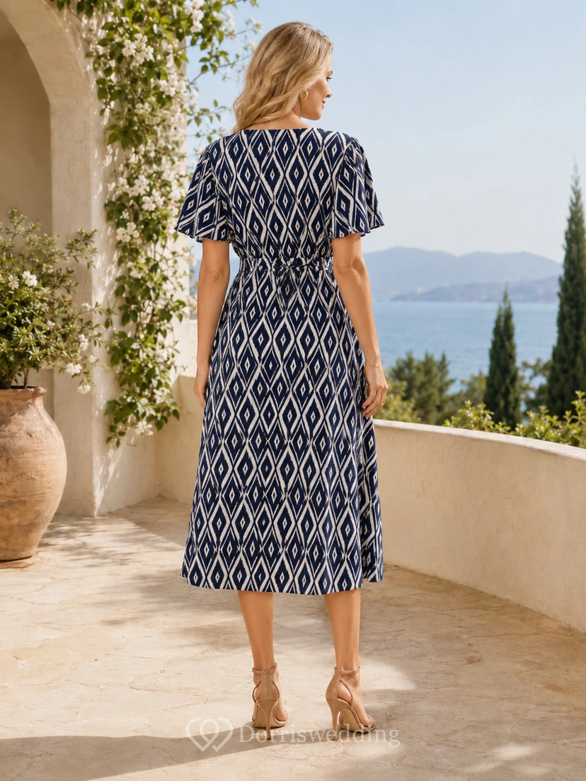 Vestido midi cruzado de manga corta con escote en V y diseño de rombos azul marino view 2