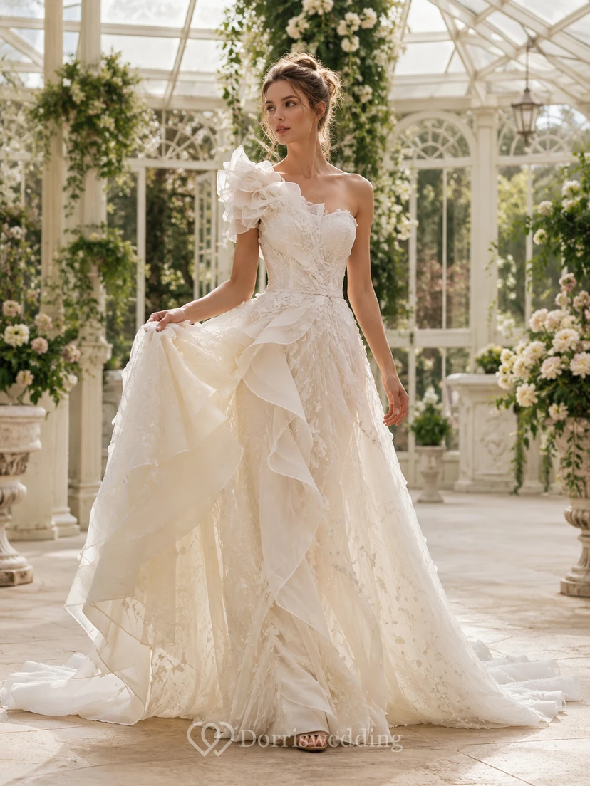 Robe de mariée asymétrique en tulle fleuri à une épaule, coupe trapèze, volants cascade, style chapelle