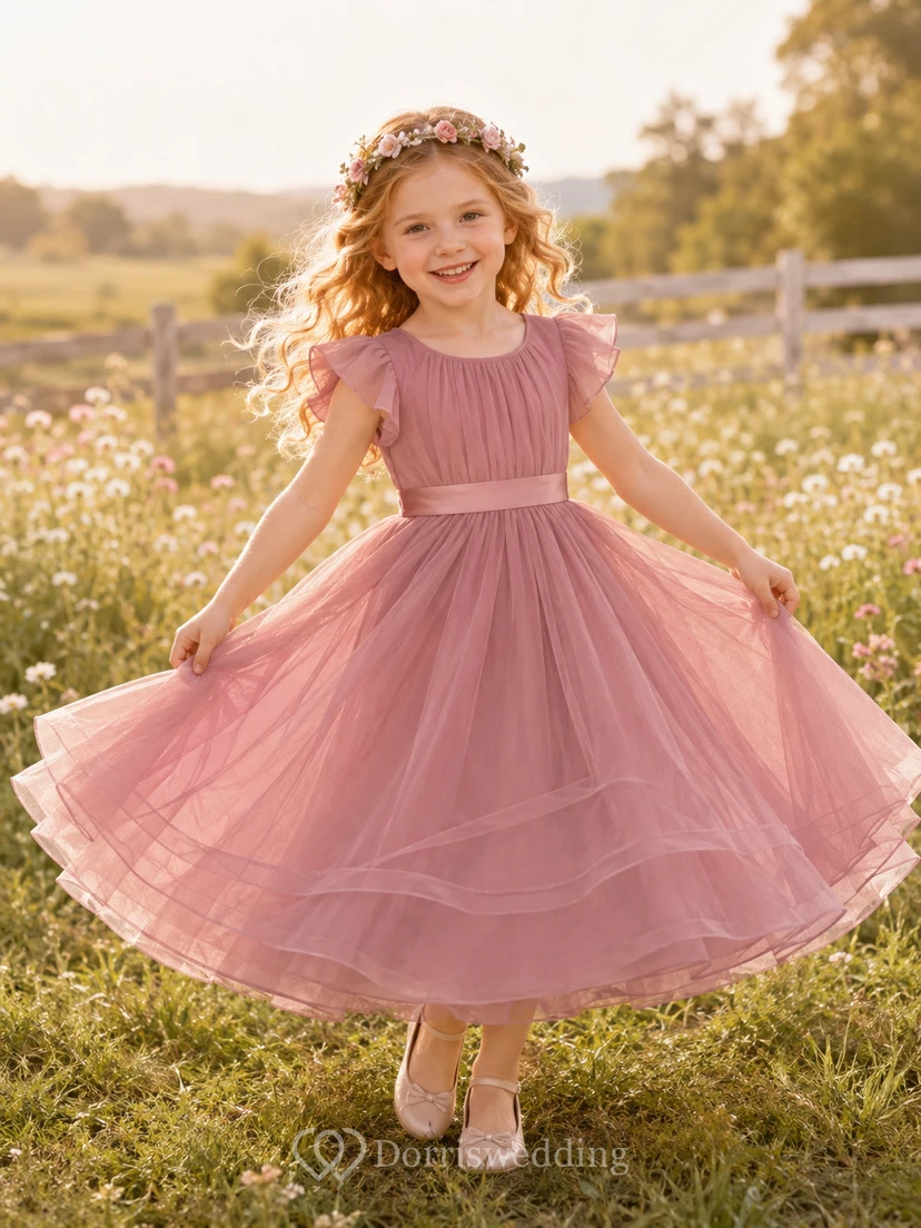 Flower Girl Dress Dusty Rose Tulle A-Line Short Sleeve Jewel Neck Tea Length Bow Detail Ruffle Detail