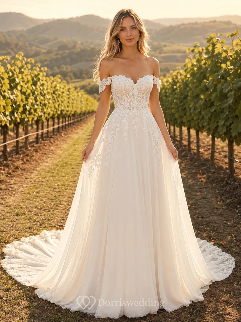 Landhaus-Brautkleid aus Tüll, A-Linie, schulterfrei, Schleppe, Rüschenbesatz, tiefer V-Ausschnitt am Rücken