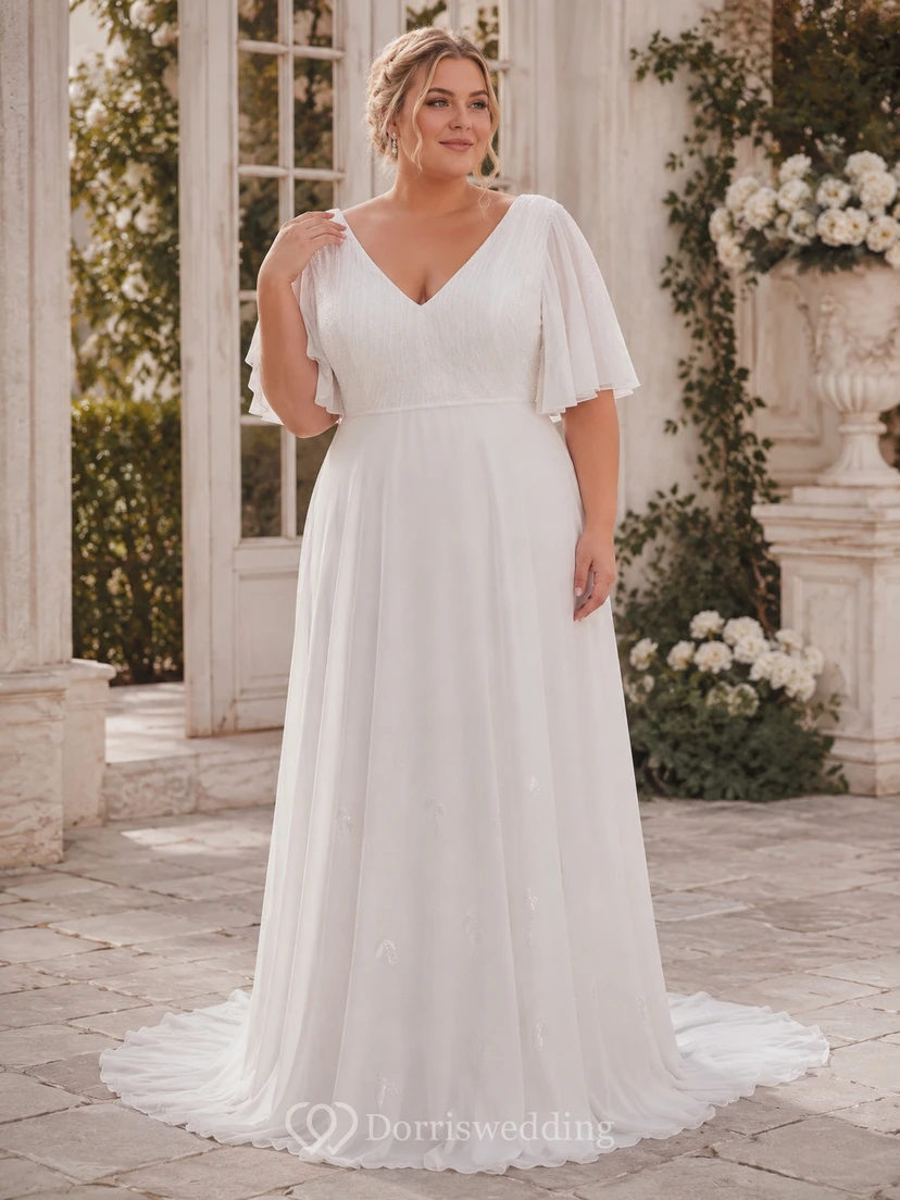 Vestido de novia de gasa con escote en V y mangas tres cuartos, estilo imperio. view 4