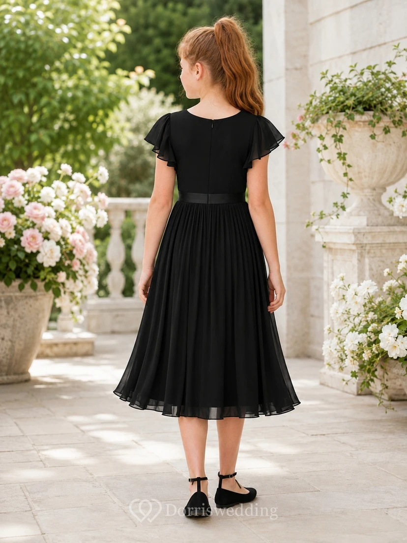 Black V-Neck Flutter Sleeve Chiffon A-Line Knee-Length Flowergirl Dress view 2