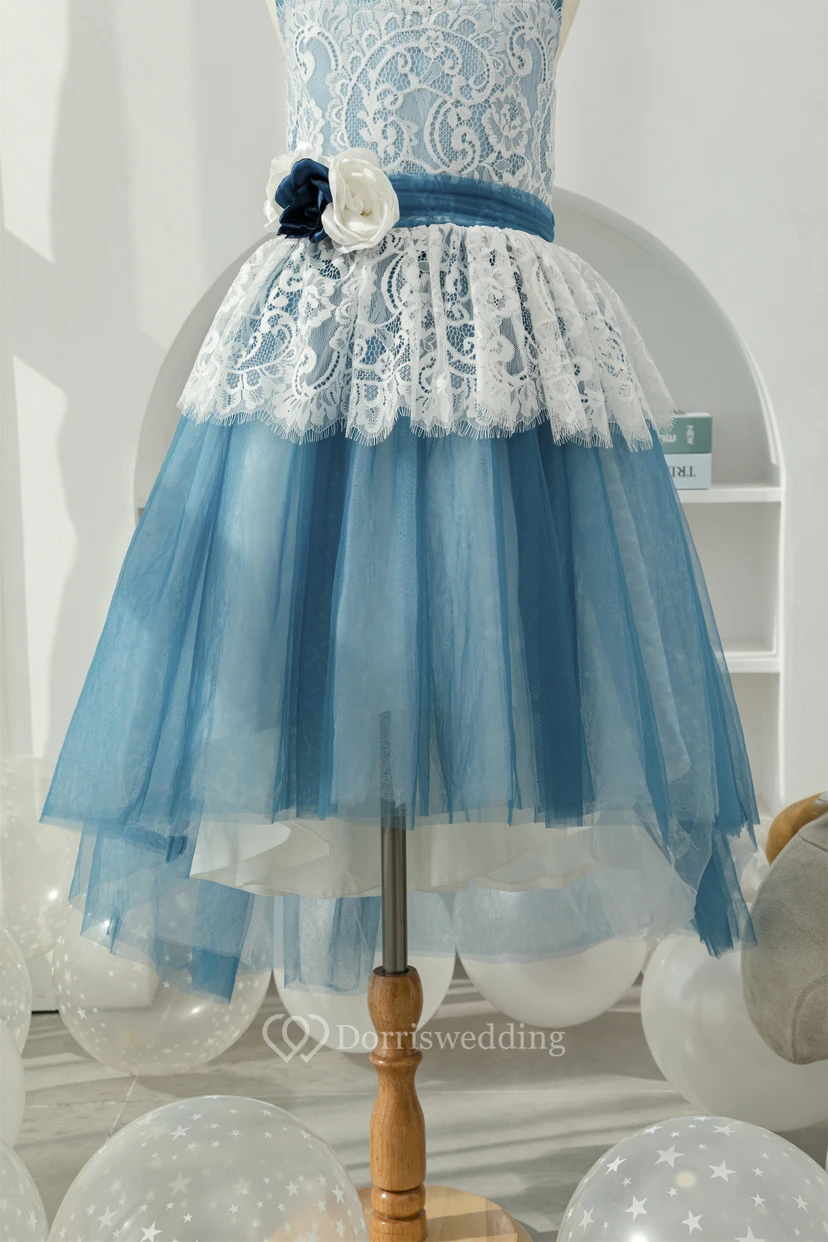 Lace Two-Tone White and Blue Ball Gown Flowergirl Dress with Petals view 4