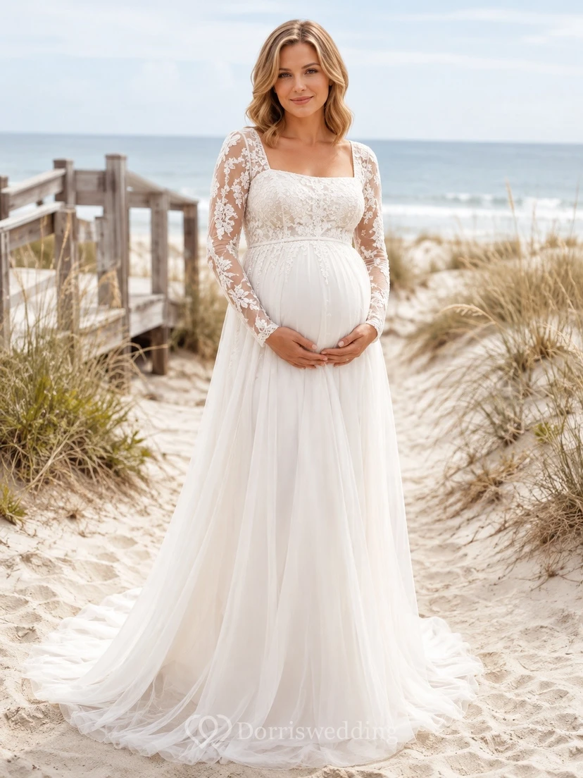 Vestido de novia de maternidad de encaje con escote cuadrado y manga corta estilo imperio
