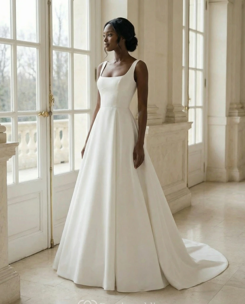 Robe de mariée simple en satin, coupe trapèze, col carré, sans manches, avec traîne