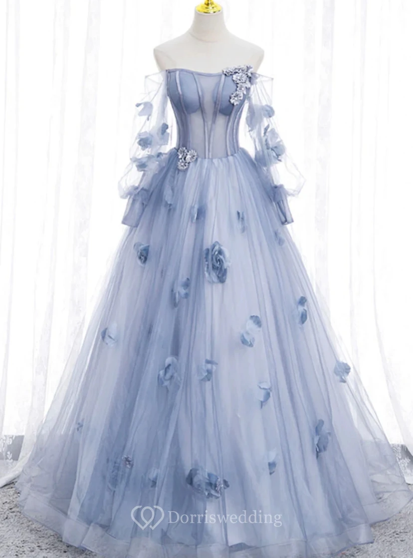 Robe de bal bustier bleu clair à fleurs view 5