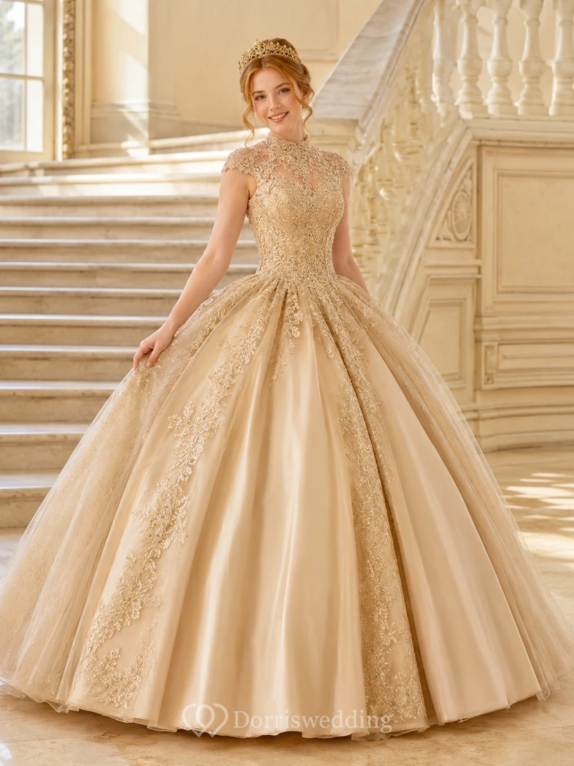 Champagne Quinceanera Tulle High-Neck Cap-Sleeve Ball Gown Dress