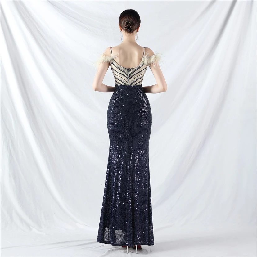 Elegantes Abendkleid mit Straußenfedern und Perlen, sexy, lang, mit Trägern und Schlitz view 65